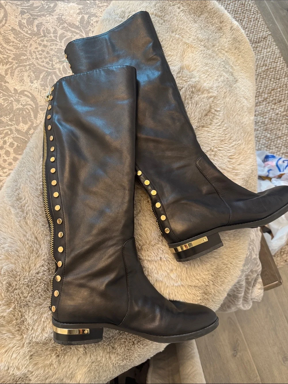 Vince Camuto Black leather boots with gold studs  Women's Parshell...